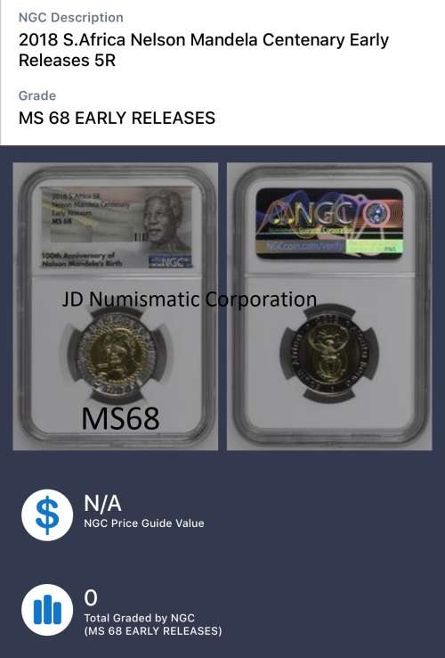 MS68 - FIRST FROM NGC 2018 Mandela 100th Birthday Commemorative R5 Coins NGC Graded - Early Releases