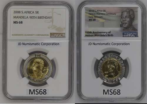 MS68 SET - FIRST ON BOB - 90Year and 100Year - MS68 Set Mandela Birthday Coins 2008 & 2018