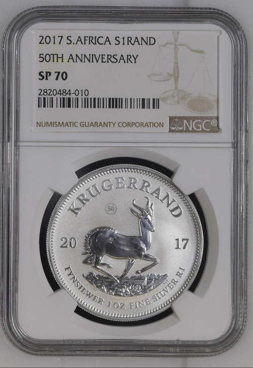 Finest Known SP70 - 2017 50th Anniversary Silver Krugerrand - COMPLETE WITH 50Year MINT MARK