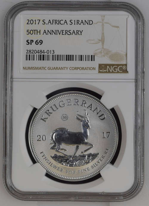 Second Finest Known SP69 - 2017 50th Anniversary Silver Krugerrand - COMPLETE WITH 50Year MINT MARKS