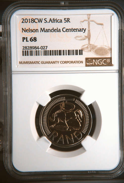 HOT - FINEST KNOWN - Oom Paul Overstamp - Nelson Mandela Centenary CW Mintmark R5 - Graded PL68