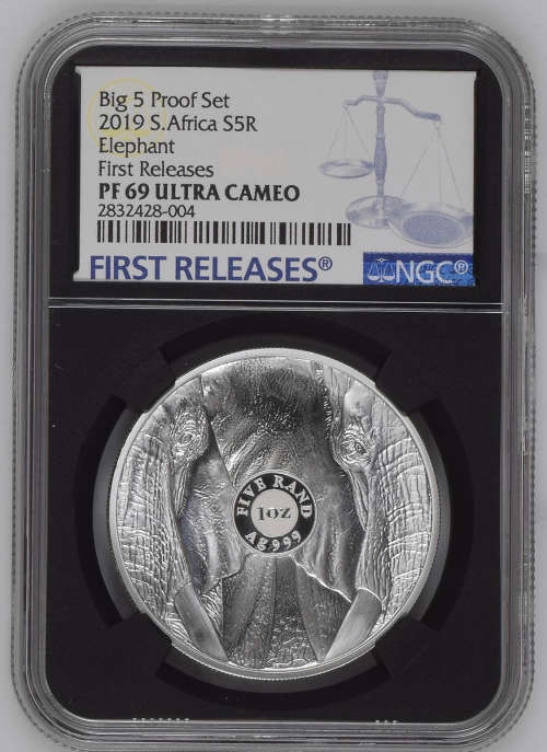 HOT - 2019 South Africa Silver R5 Big 5 Elephant PF69UC BLACK SLAB - First Releases