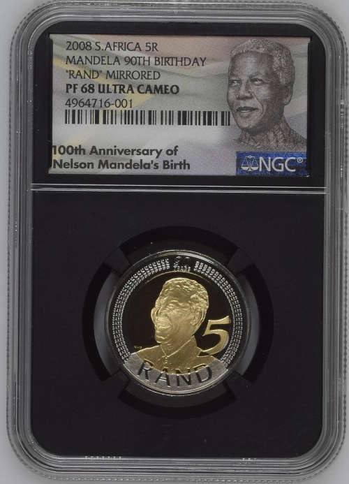 HOT - LIMITED EDITION B;ACK SLAB -  RAND MIRRORED PF68 ULTRA CAMEO - MANDELA 2008 BIRTHDAY R5 PROOF