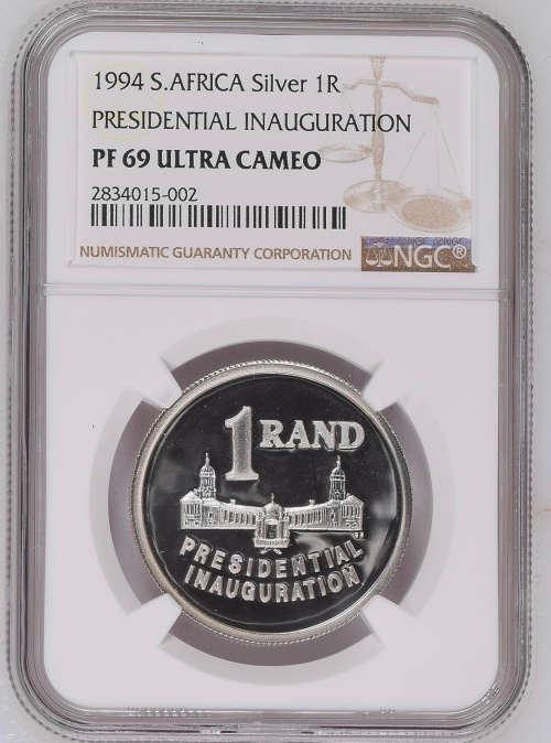 HOT- VERY SCARE IN THIS GRADE - Silver One Rand - 1994 South Africa Presidential Inauguration PF69UC