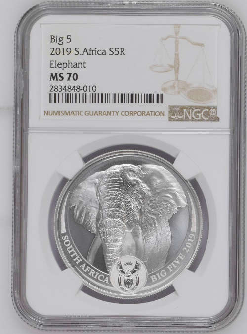 HOT - 2019 South Africa The Big 5 - Elephant 1 oz Silver R5 Coin NGC MS70 - FINEST KNOWN