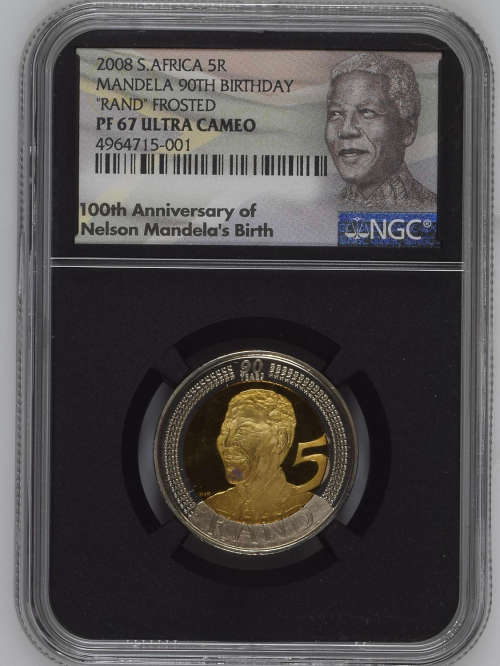 HOT - BLACK SLAB - LIMITED EDITION -  RAND FROSTED PF67 ULTRA CAMEO - MANDELA 2008 BIRTHDAY R5 PROOF