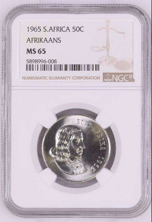 VERY HIGH GRADE HOT  - 1965 BRILLIANT UNC AFRIKAANS 50CENT MS65