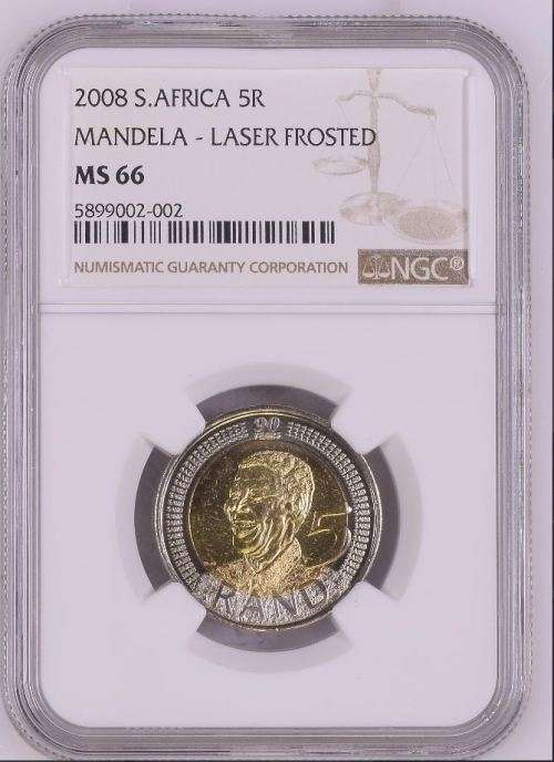 LASER FROSTED MS66 - VERY SCARCE - SECOND FINEST KNOWN - 2008 S.AFRICA MANDELA - LASER FROSTED 5R