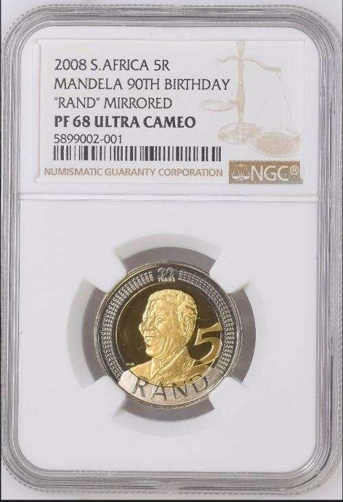HOT - RAND MIRRORED PF68 ULTRA CAMEO - MANDELA 2008 BIRTHDAY R5 PROOF