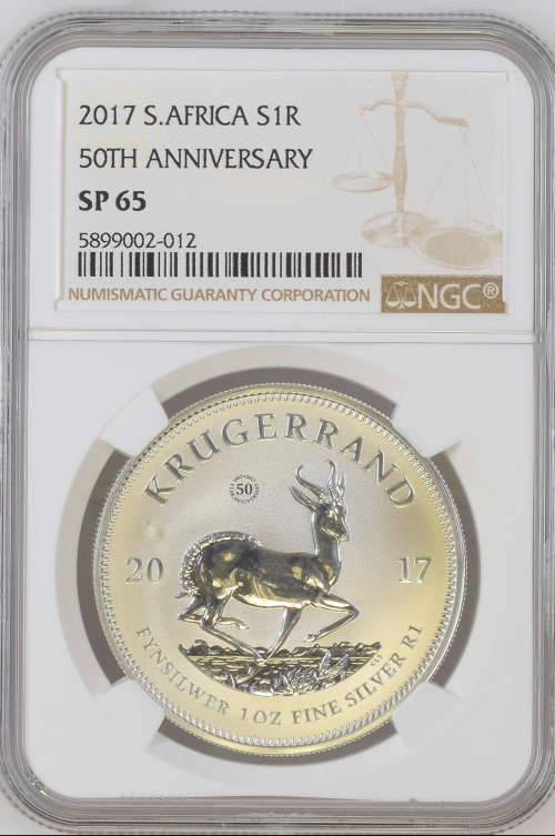 Second Finest Known SP65 - 2017 50th Anniversary Silver Krugerrand - COMPLETE WITH 50Year MINT MARKS