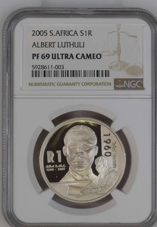HOT - 2005 SOUTH AFRICA SILVER R1 ALBERT LUTHULI PF69UC