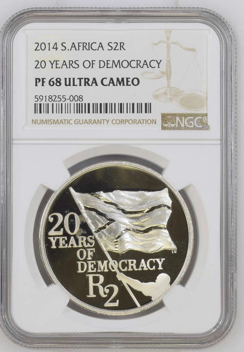 HOT - 2014 South Africa Silver R2 20 Years of Democracy PF69UC