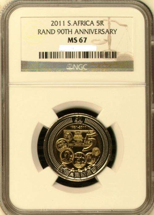 BRAND NEW MS-67 GRADED - 2011 South Africa (1921-2011) 90th Anniversary R5 coins