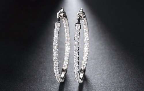 Platinum Plated Silver Hoop Earrings Paved with AAA Austrian Cubic Zirconia **FREE VELVET POUCH