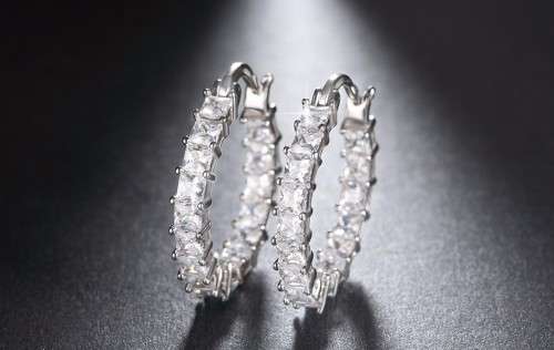 Platinum Plated Silver Hoop Earrings Paved with AAA Austrian Cubic Zirconia **FREE VELVET POUCH