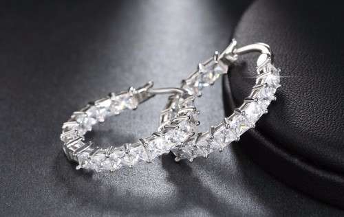 Platinum Plated Silver Hoop Earrings Paved with AAA Austrian Cubic Zirconia **FREE VELVET POUCH