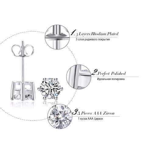 Platinum Plated Classical Cubic Zirconia 6 Claw Stud Earrings **FREE VELVET POUCH