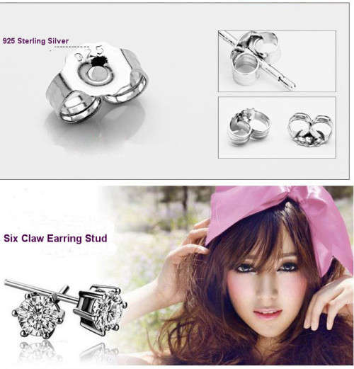 Platinum Plated Classical Cubic Zirconia 6 Claw Stud Earrings **FREE VELVET POUCH