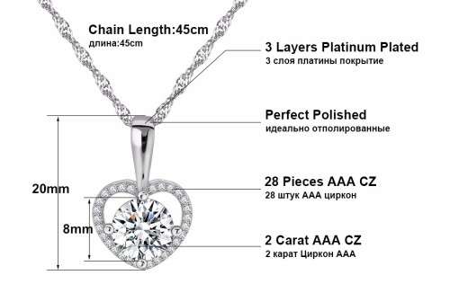 Elegant Platinum Plated 2ct Round Cut Cubic Zirconia Heart Shape Pendant Necklace**FREE VELVET POUCH