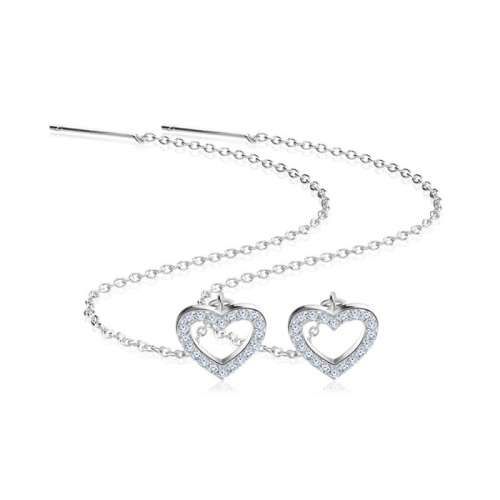 Fashion Silver Long Dangle Heart Cubic Zirconia Platinum Plated Earrings **FREE VELVET POUCH