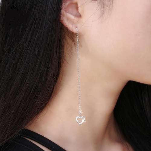 Fashion Silver Long Dangle Heart Cubic Zirconia Platinum Plated Earrings **FREE VELVET POUCH