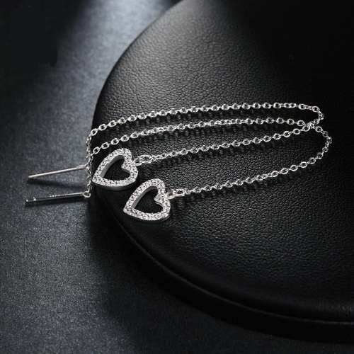 Fashion Silver Long Dangle Heart Cubic Zirconia Platinum Plated Earrings **FREE VELVET POUCH