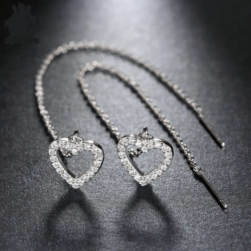 Fashion Silver Long Dangle Heart Cubic Zirconia Platinum Plated Earrings **FREE VELVET POUCH