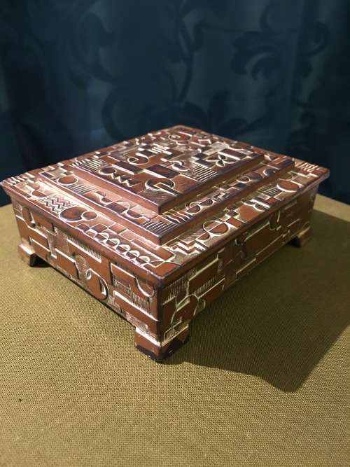 Vintage Pewter Japanese Art Deco Trinket Box with Wooden Inlay*****pls read condition report****