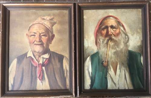 A Pair of Enrico Frattini Oil Paintings Italian Portraits 1890-1968