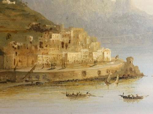 ITALIAN ARTIST GUISEPPE CORELLI (1858-1921) ALMAFI COASTLINE GUACHE ON BOARD
