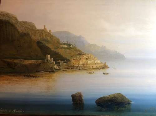 ITALIAN ARTIST GUISEPPE CORELLI (1858-1921) ALMAFI COASTLINE GUACHE ON BOARD