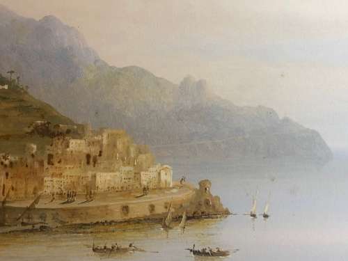 ITALIAN ARTIST GUISEPPE CORELLI (1858-1921) ALMAFI COASTLINE GUACHE ON BOARD