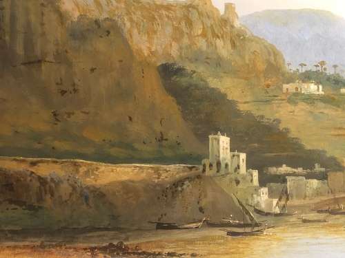 ITALIAN ARTIST GUISEPPE CORELLI (1858-1921) ALMAFI COASTLINE GUACHE ON BOARD