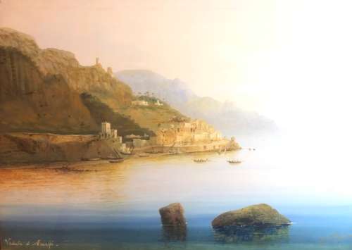 ITALIAN ARTIST GUISEPPE CORELLI (1858-1921) ALMAFI COASTLINE GUACHE ON BOARD