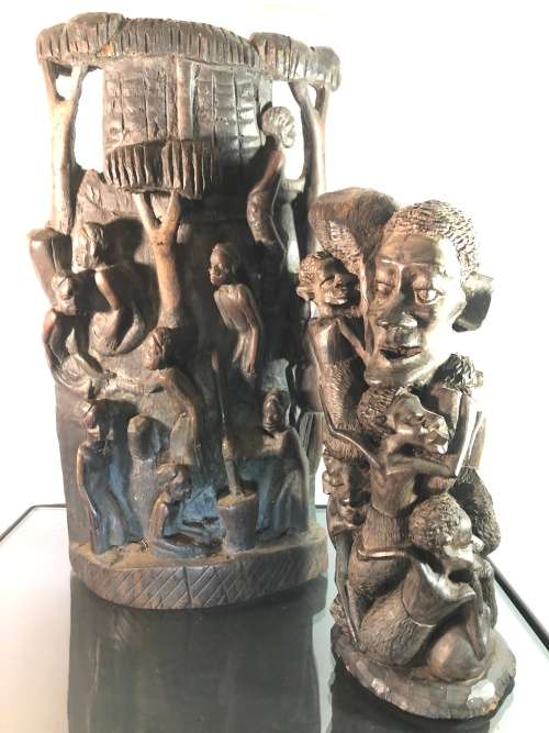 TWO MAKONDE FAMILY TREE CARVINGS IN EBONY WOOD