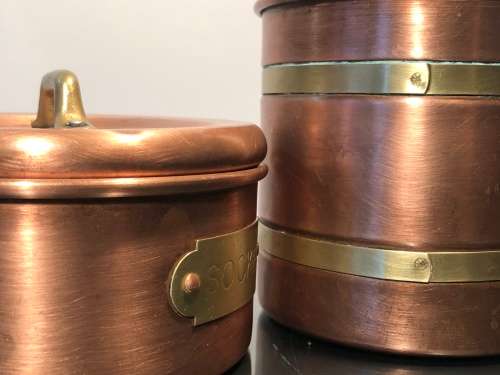 A SET VINTAGE DUTCH COPPER TEA AND SUGAR CANNISTERS