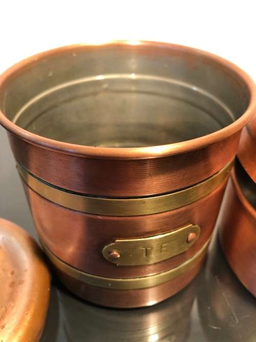 A SET VINTAGE DUTCH COPPER TEA AND SUGAR CANNISTERS