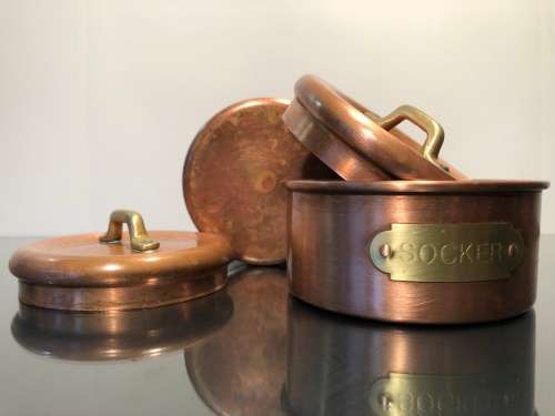 A SET VINTAGE DUTCH COPPER TEA AND SUGAR CANNISTERS
