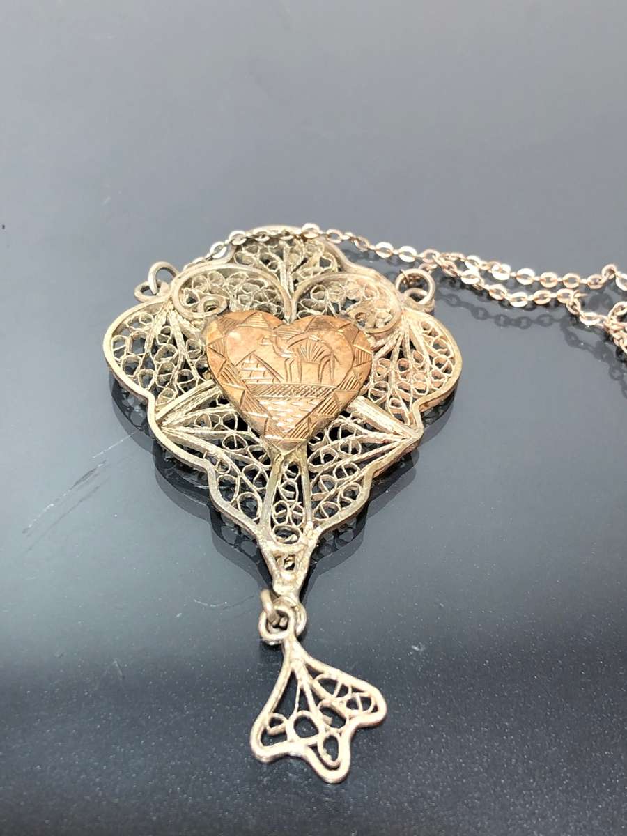 Egyptian Revival Art Deco Rose Gold and Silver Necklace