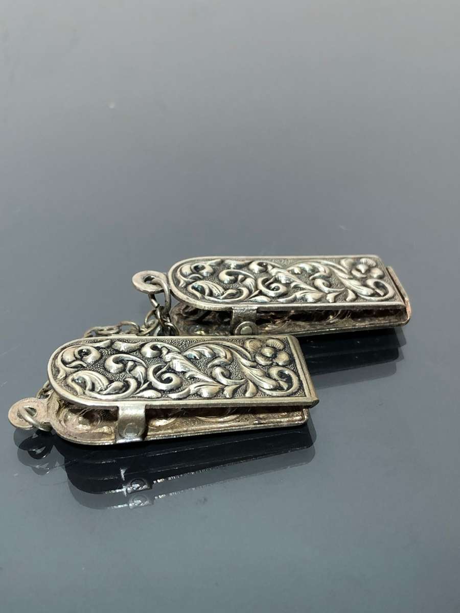 Magnificent Vintage Silver Repousse Coat Fastener Clips