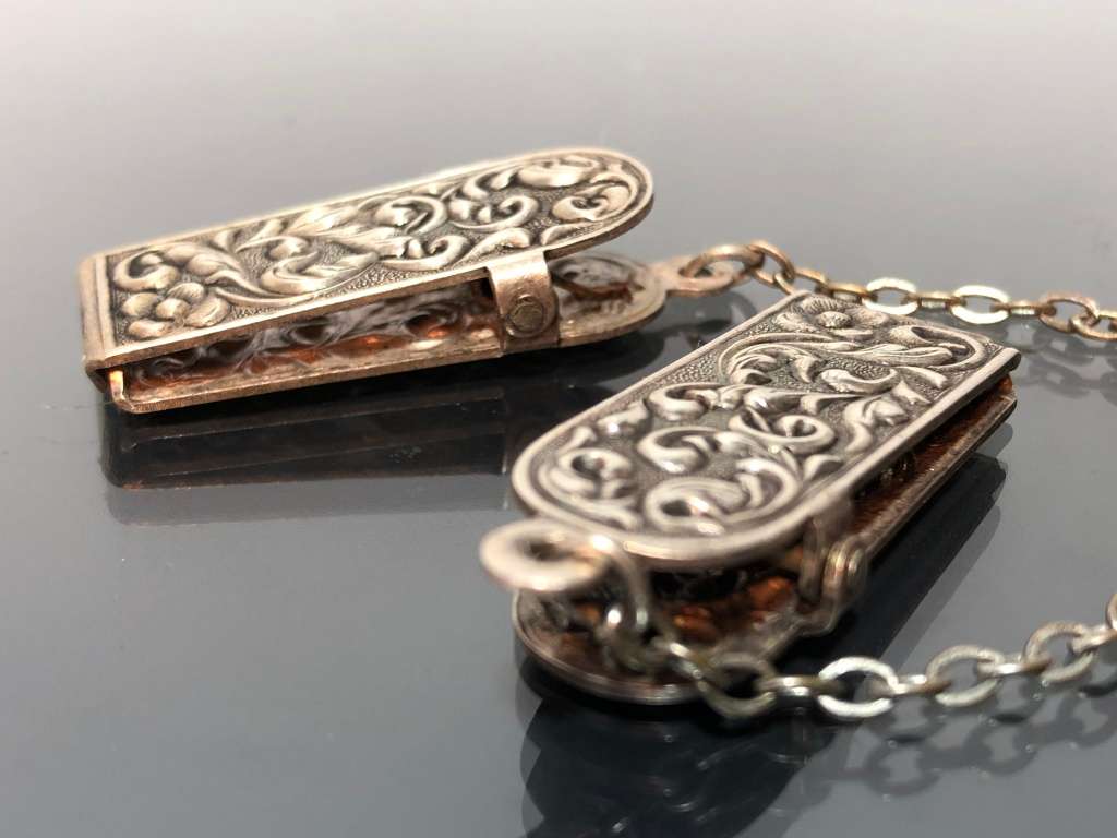 Magnificent Vintage Silver Repousse Coat Fastener Clips