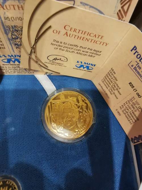 2004 "Ten Year Anniversary of a Democratic SA" - Protea Proof Set - Gold 1oz + 1/10th oz + Silver R1