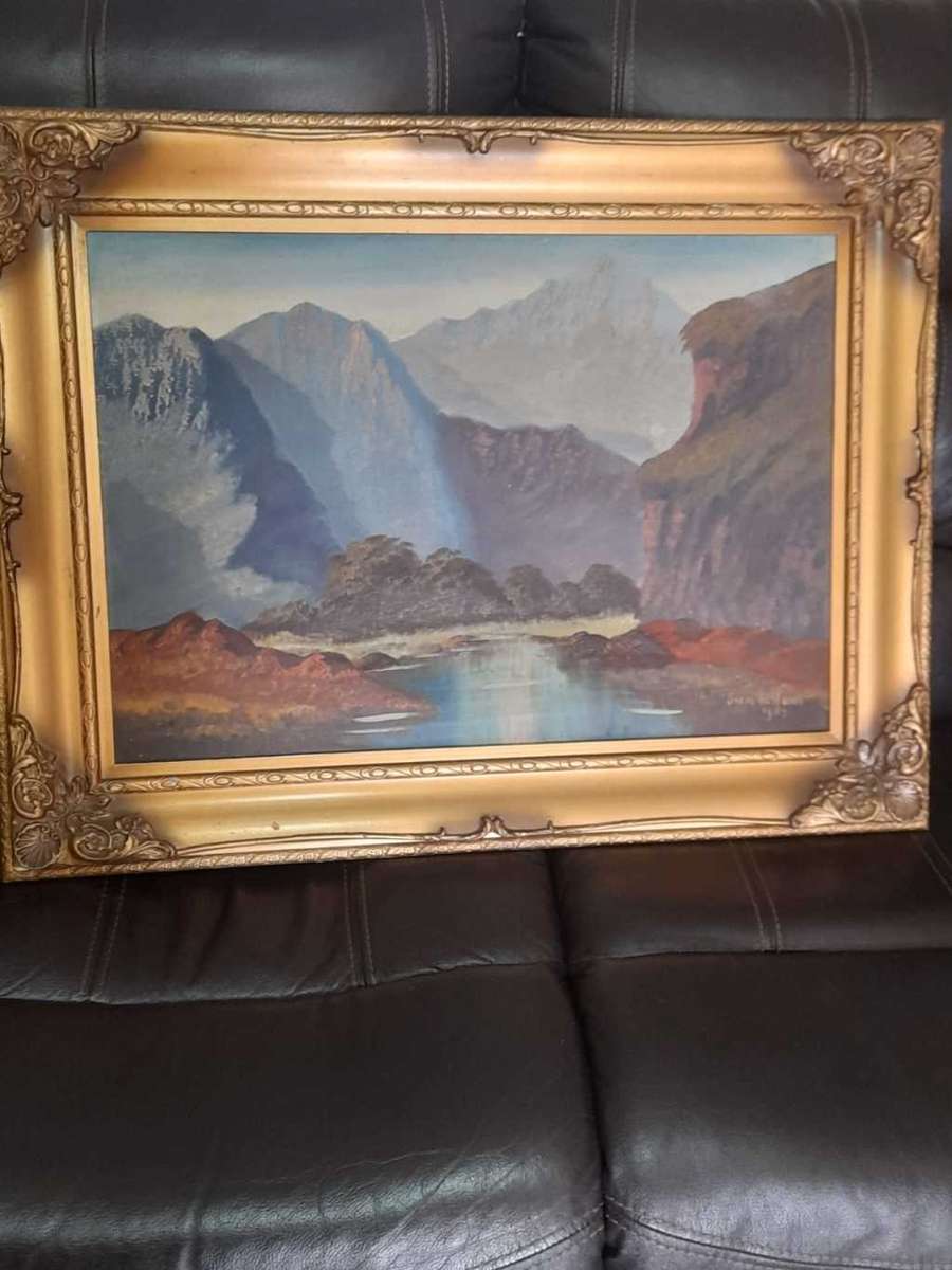 Gorgeous Painting in Gold Vintage Frame river and mountains Scene by Siem de Haan 1959 80x60cm
