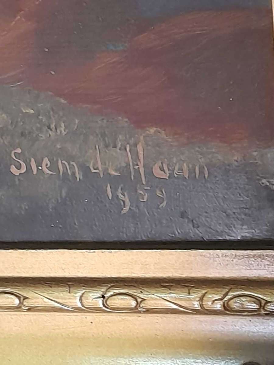 Gorgeous Painting in Gold Vintage Frame river and mountains Scene by Siem de Haan 1959 80x60cm