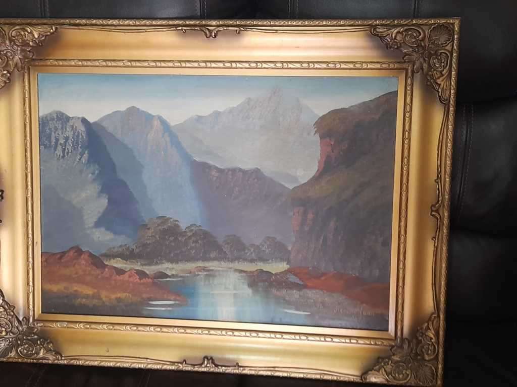 Gorgeous Painting in Gold Vintage Frame river and mountains Scene by Siem de Haan 1959 80x60cm