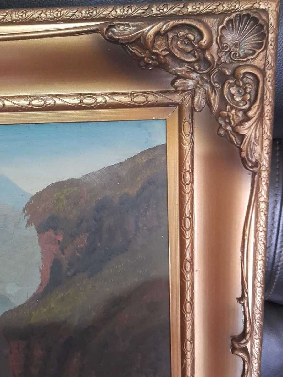 Gorgeous Painting in Gold Vintage Frame river and mountains Scene by Siem de Haan 1959 80x60cm