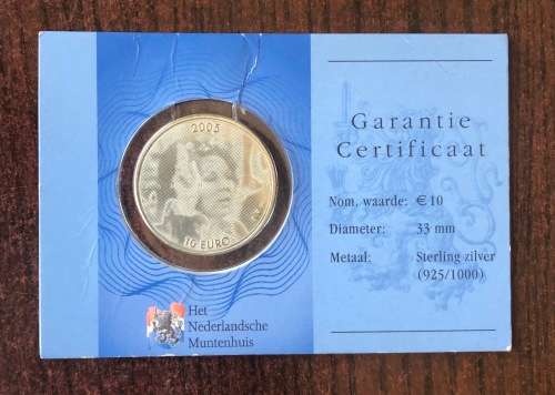 2005 NETHERLANDS 10 EURO SILVER COIN CARD