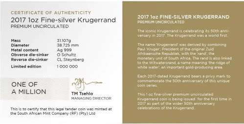 2017 SILVER 1oz PU Krugerrand (50th Anniversary)