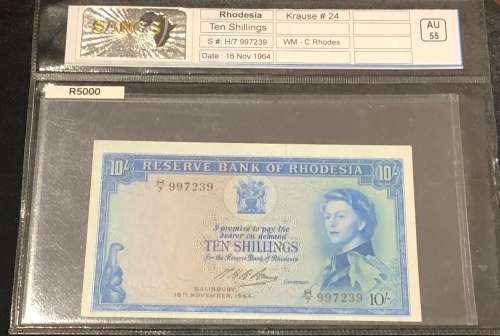 1964, Rhodesia, Ten Shillings (AU55)