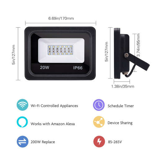 Wifi Control 20W Smart LED Floodlight Outdoor IP66 Waterproof Compatible with Alexa & Google home